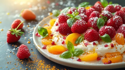   A tight shot of a table-set plate, adorned with strawberries and oranges