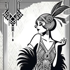 Flapper girl holding cocktail glass with splash. Art deco, 1920 s style vintage invitation template design for drink list, bar menu, glamour event, wedding, jazz party flyer. Vector art.