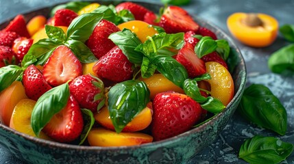   A tight shot of a bowl overflowing with strawberries and oranges, topped with basil leaves