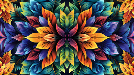 Vibrant digital artwork featuring a symmetrical pattern of tropical leaves in a kaleidoscopic arrangement
