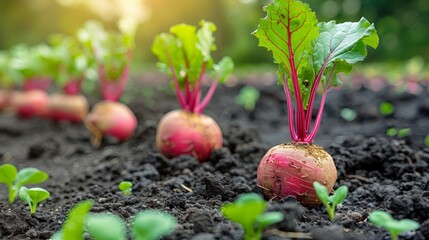   A cluster of radishes growing in the earth, their green tops sporting leaves