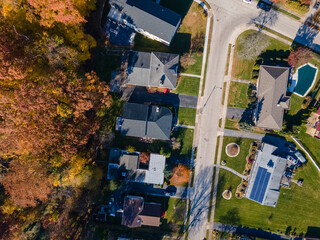 Aerial top down of suburban multifamily homes in suburban Ardmore Philadelphia Pennsylvania