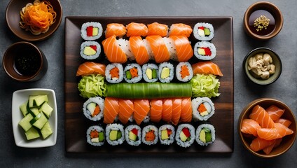 Sushi platter with various sushi rolls and ingredients beautifully arranged on a wooden tray. Generative ai - obrazy, fototapety, plakaty