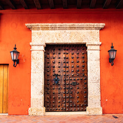 Wooden door in colonial house in Cartagena, Colombia