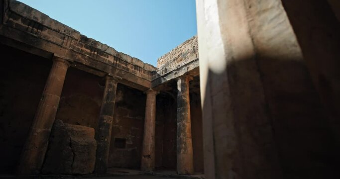 Colony ancient hall in ruins in Pathos, Cyprus. Archaeological excavations, tourism, travel, lifestyle. High quality 4k footage