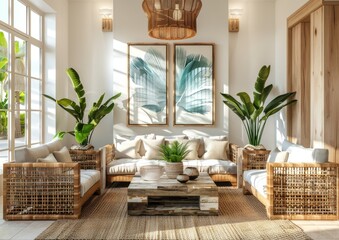 A living room with two rattan chairs, potted plants and abstract art on the wall. featuring natural...