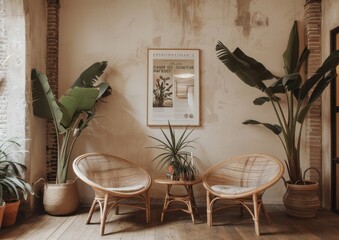 A living room with two rattan chairs, potted plants and abstract art on the wall. featuring natural...