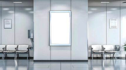 A mockup of an empty white poster on the wall in modern hospital waiting room with comfortable chairs and medical equipment. empty white blank poster on white wall in hospital, white board - Powered by Adobe