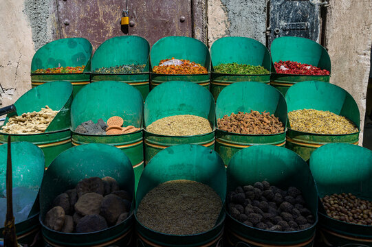 Colorful Moroccan spices in traditional market