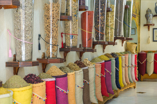 Array of colorful spices at a Moroccan market