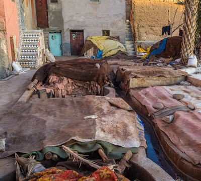 Traditional tannery pits in a Moroccan medina
