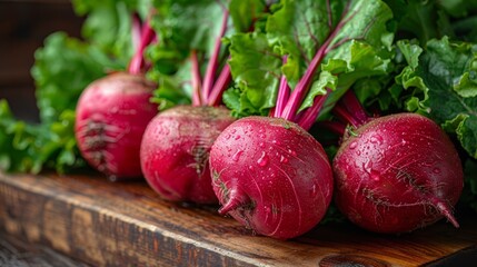   A collection of radishes atop a wooden table, beside a cluster of leafy greens - obrazy, fototapety, plakaty