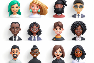 Character avatars set. Business men and women are smiling. Multicultural persons for profile design. 3D avatars set vector icon, white background, black colour icon