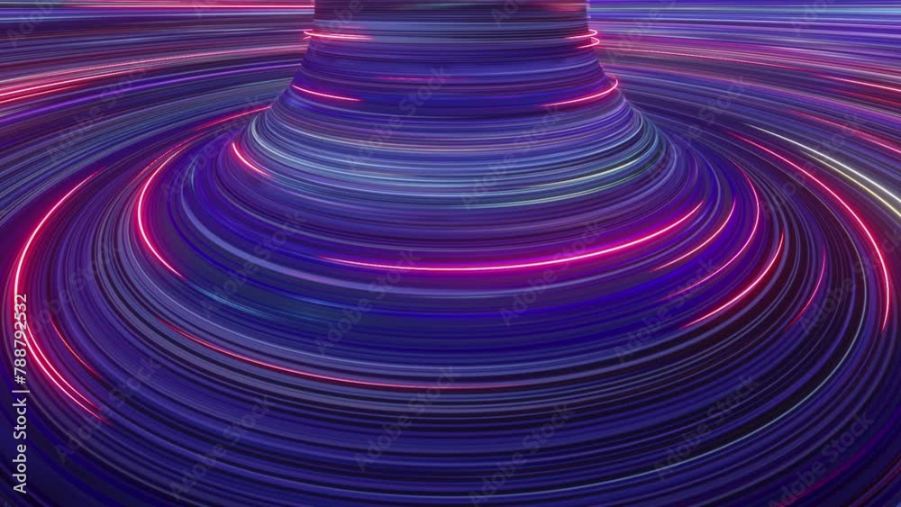 Wall mural loop 3d animation, abstract background with fluorescent lines glowing in ultraviolet light and spinn