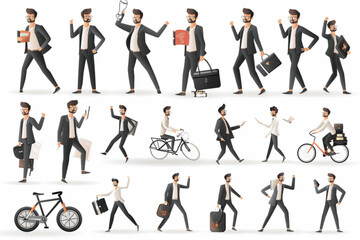 Businessman character set. Man manager in various poses and situations. Rides a bike, runs on schedule, reads a book 3D avatars set vector icon, white background, black colour icon