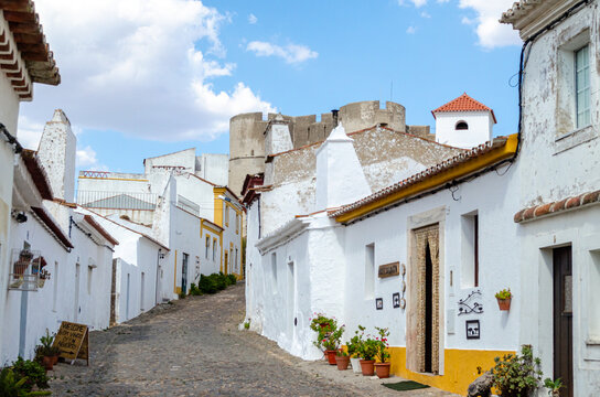 street with houses of traditional architecture in the medieval town of Evoramonte, Alentejo region. Portugal