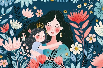 A tender moment between a mother and her child, as they embrace surrounded by a delicate array of flowers