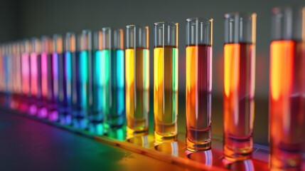 Row of test tubes with vibrant rainbow-colored liquids, arranged on a modern reflective surface, illustrating chemical analysis and pharmaceutical research.