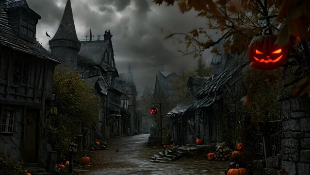 A lively Halloween scene on a street, featuring various pumpkins and festive decorations, Medieval village decorated with Halloween decor under a gloomy sky