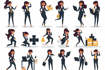 Fototapeta na wymiar Businesswoman character set. Business woman or office worker in different poses, actions and gestures. Manager thinks, rejoices in success, puts together a puzzle vector icon, white background, black 