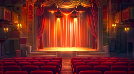 Empty Theater Interior, Red Seats Ready for Audience, Stage Curtains Closed, Theatrical Ambience, Vintage Style Entertainment Venue. AI - obrazy, fototapety, plakaty