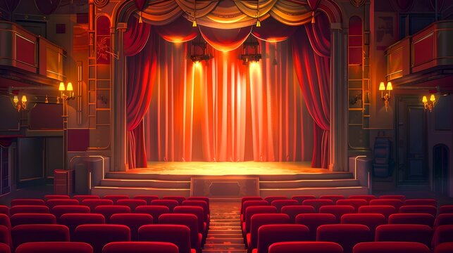 Empty Theater Interior, Red Seats Ready for Audience, Stage Curtains Closed, Theatrical Ambience, Vintage Style Entertainment Venue. AI