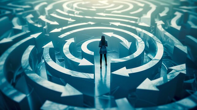 Silhouette of a person at the start of a complex maze, decision making concept, symbolizing lifes challenges and choices. Surreal and metaphorical. AI