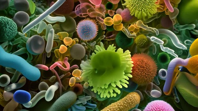 A variety of cell phones from various brands and models displayed together in one photograph, Microscopic view of bacteria in a modern aesthetic
