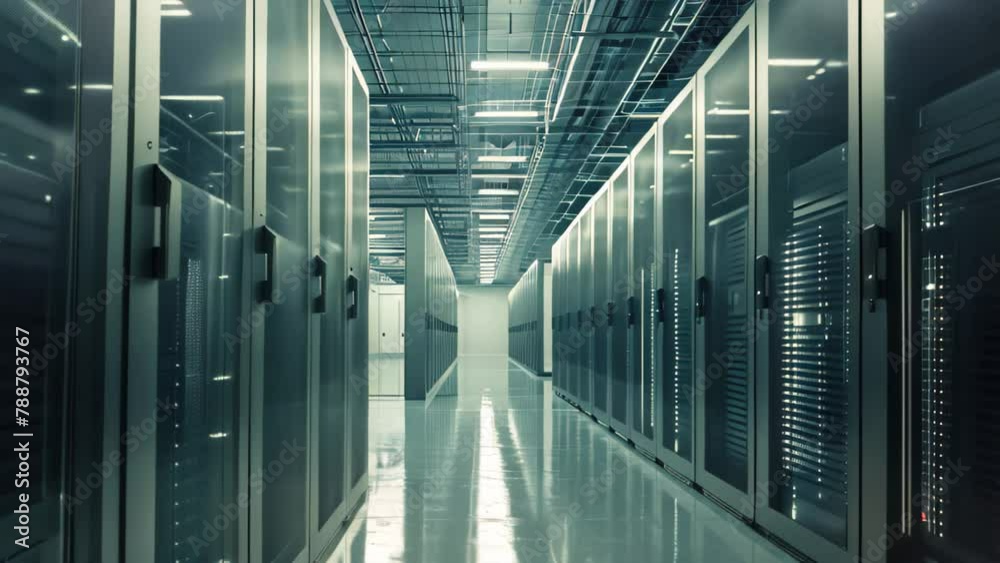 Poster a photograph showcasing neatly arranged rows of high-tech servers in a modern and efficient data cen