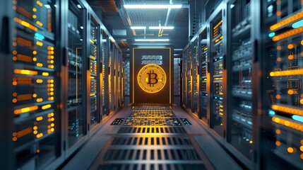 Futuristic Bitcoin Mining Farm Concept with Servers. Digital Cryptocurrency Concept Illustration. Virtual Currency Mining Center Image. AI - obrazy, fototapety, plakaty