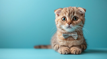 Adorable Scottish Fold kitten sitting with a striped bow tie on a light blue background. Charming pet fashion concept for design and print