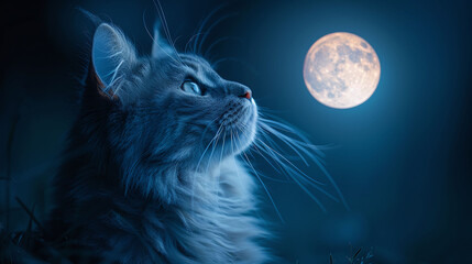 Majestic cat gazing at the full moon in a night scene. Mysterious feline and lunar beauty concept for design and print