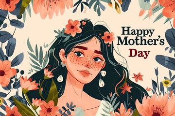 This vibrant artwork celebrates Mothers Day with a stylized illustration of a woman surrounded by a burst of colorful flowers.