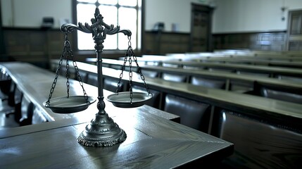 Vintage Scales of Justice on Wooden Desk in Empty Courtroom. Legal System Conceptual Image. Symbol of Law, Fairness and Judgment. Majesty of Law Theme. AI - obrazy, fototapety, plakaty