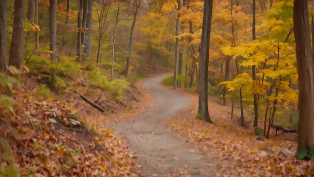 A dirt road winds its way through a forest, with trees and colorful fall leaves creating a vibrant scene, Mountain nature trail with fall foliage