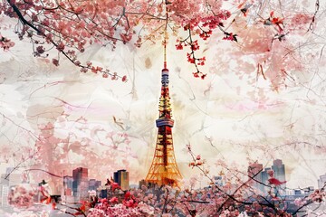 Cherry Blossoms in Tokyo: Pagoda and Ink Splashes