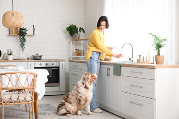 Pretty young woman washing dishes with cute Australian Shepherd dog in kitchen