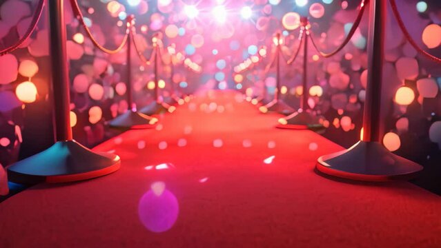 A red carpet is set up with ropes and lights in the background, creating a glamorous atmosphere, Movie premiere celebration with red carpet and flashing camera lights