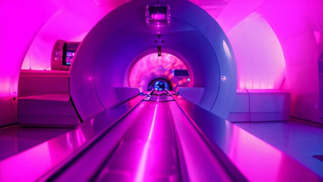 A bowling ball rolls down a well-lit bowling alley with pins set at the end, MRI scan in vibrant abstract shades