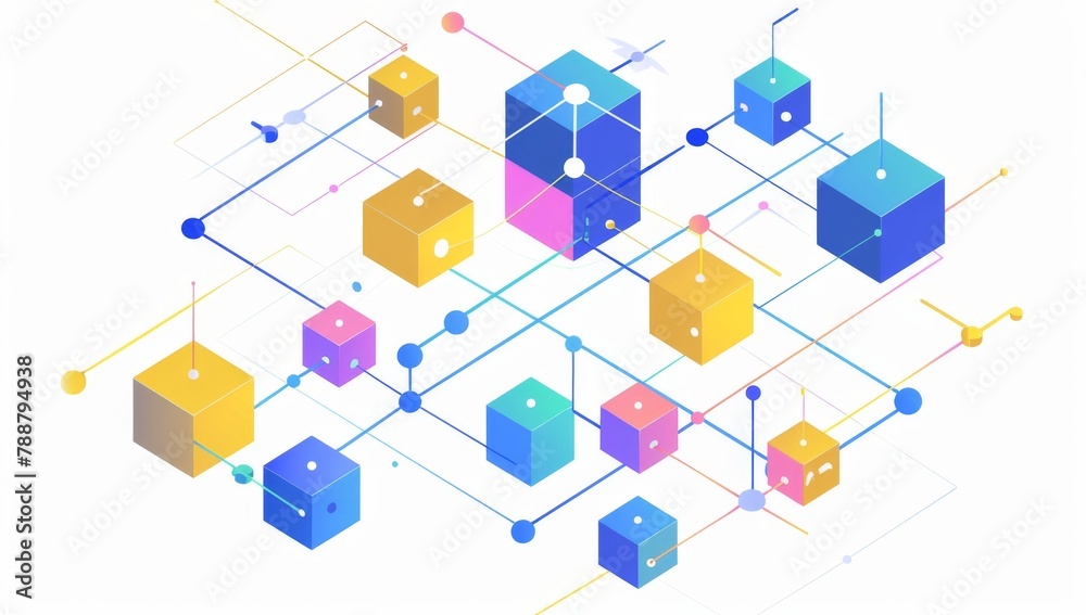 Poster a simple line drawing of an isometric network with colorful blocks and dots connecting them, on a wh