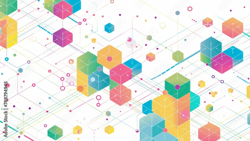 Poster a simple line drawing of an isometric network with colorful blocks and dots connecting them, on a wh