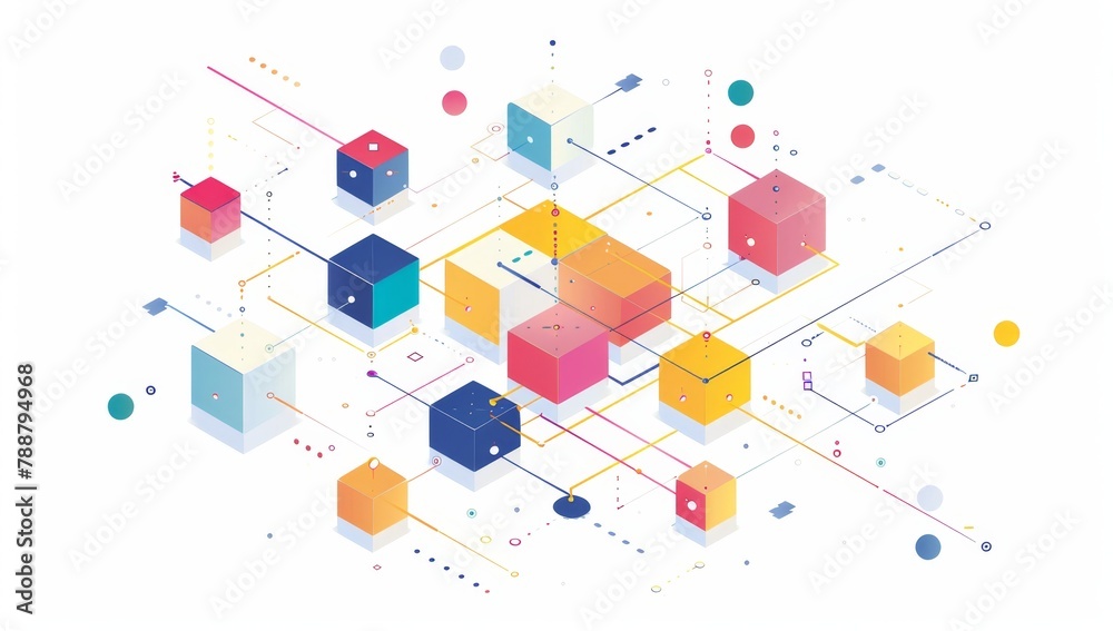 Poster minimalist line art of an isometric network with colorful blocks and dots on a white background Generative AI
