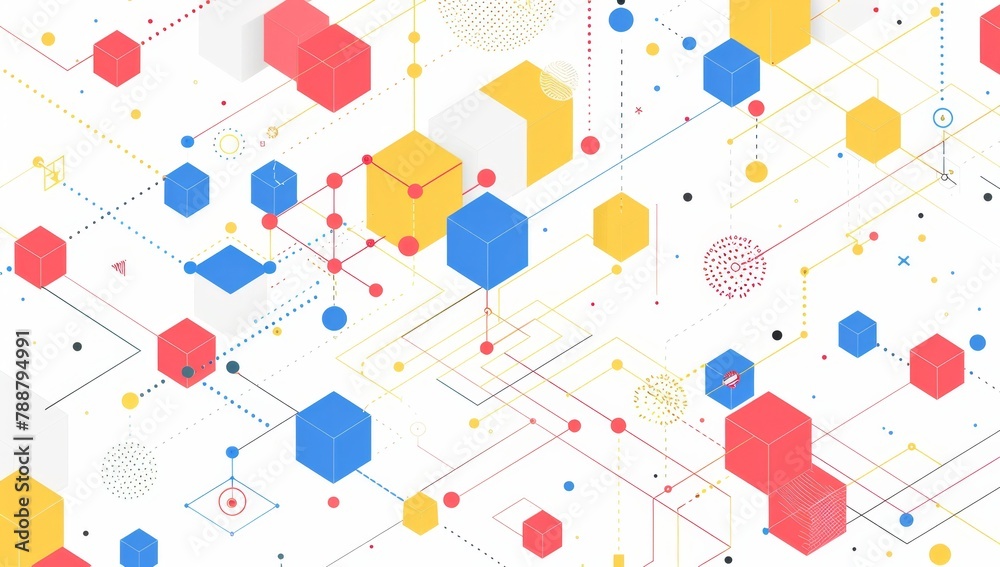 Poster a simple line drawing of an isometric network with colorful blocks and dots, representing the concep