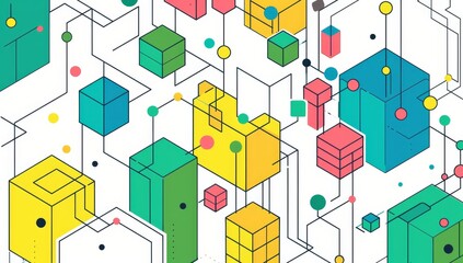 Fototapeta premium simple geometric shapes like cubes and lines, connected by dots or arrows to form an abstract network structure, representing data flow between different buildings in the city Generative AI