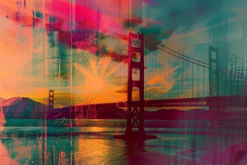 Crimson Blaze: Abstract Golden Gate at Sunset - obrazy, fototapety, plakaty