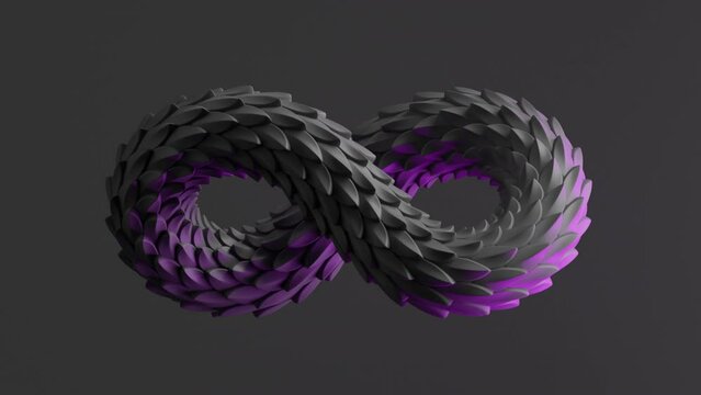 looping 3d animation of infinity symbol with black snake skin texture illuminated with pink side neon light, isolated on dark background. Abstract animated moving snake. Video of dragon scales texture