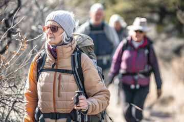 Fototapeta premium Group of smiling elderly women and men walk along the path in a column
