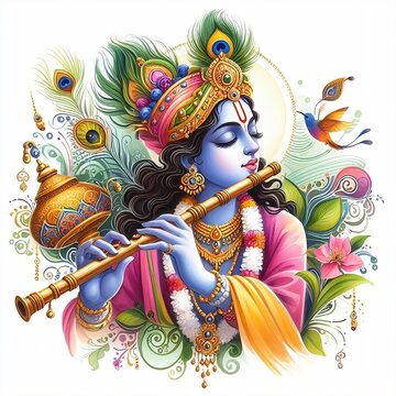 recommend clip art: Watercolor illustration for the festival of vishu with a lord krishna and Side blown flute for social media poster created with generative ai	