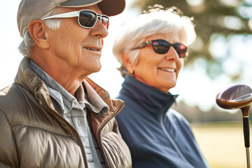 Portrait of an old gray-haired couple wearing sunglasses on a golf course at sunset