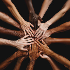 Unity in Diversity: Hands of Humanity. Set of hands of different skin tones of different ethnicities joined together superimposed on each other in the center, creating a circle  - obrazy, fototapety, plakaty